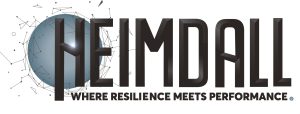 Heimdall logo with bold 3D black lettering over a blue circular background with abstract network lines and the tagline “Where Resilience Meets Performance.”